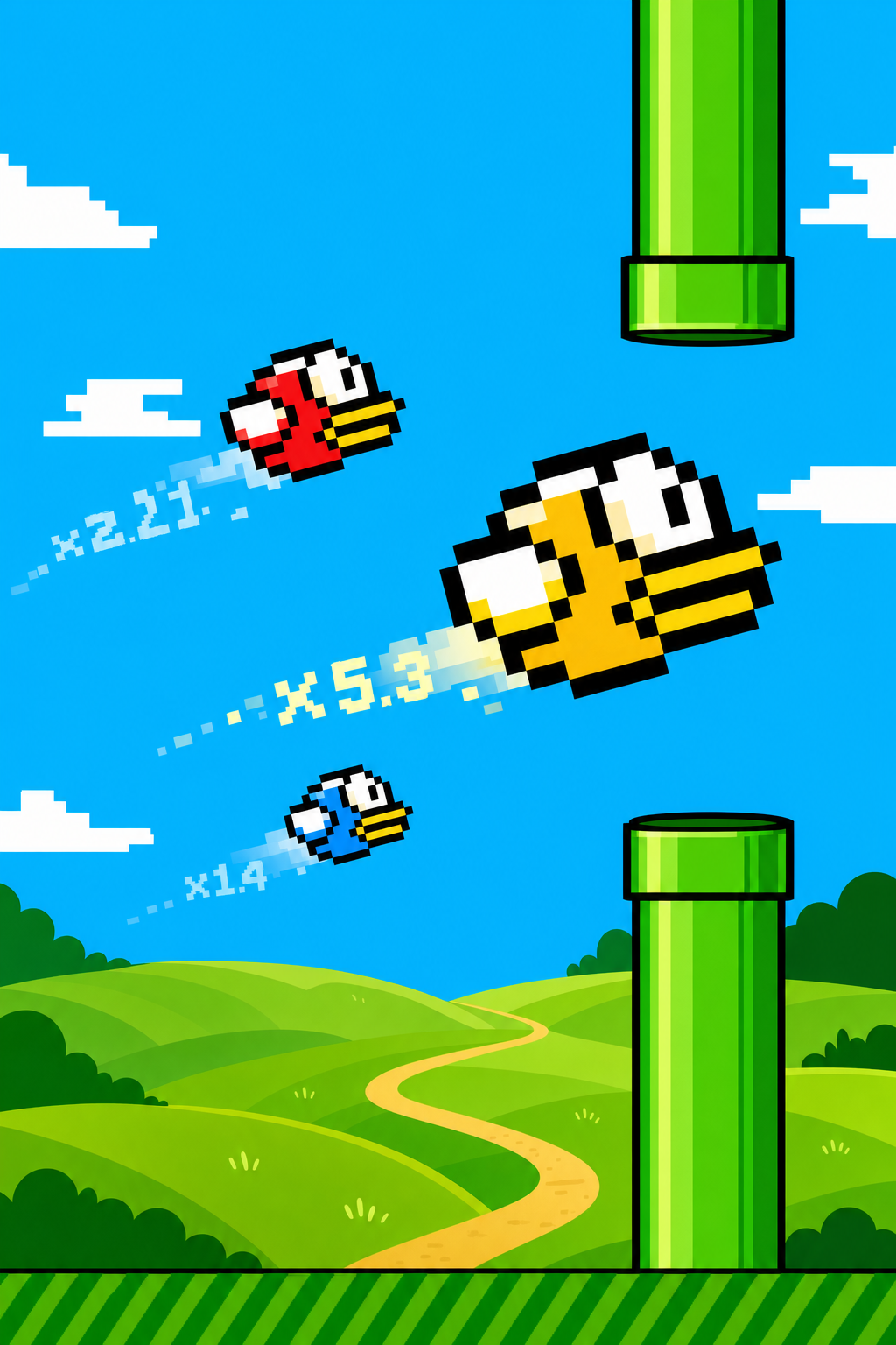 Lucky Birds — red, yellow, and blue pixel-art birds flying through green pipes over a sunny sky
